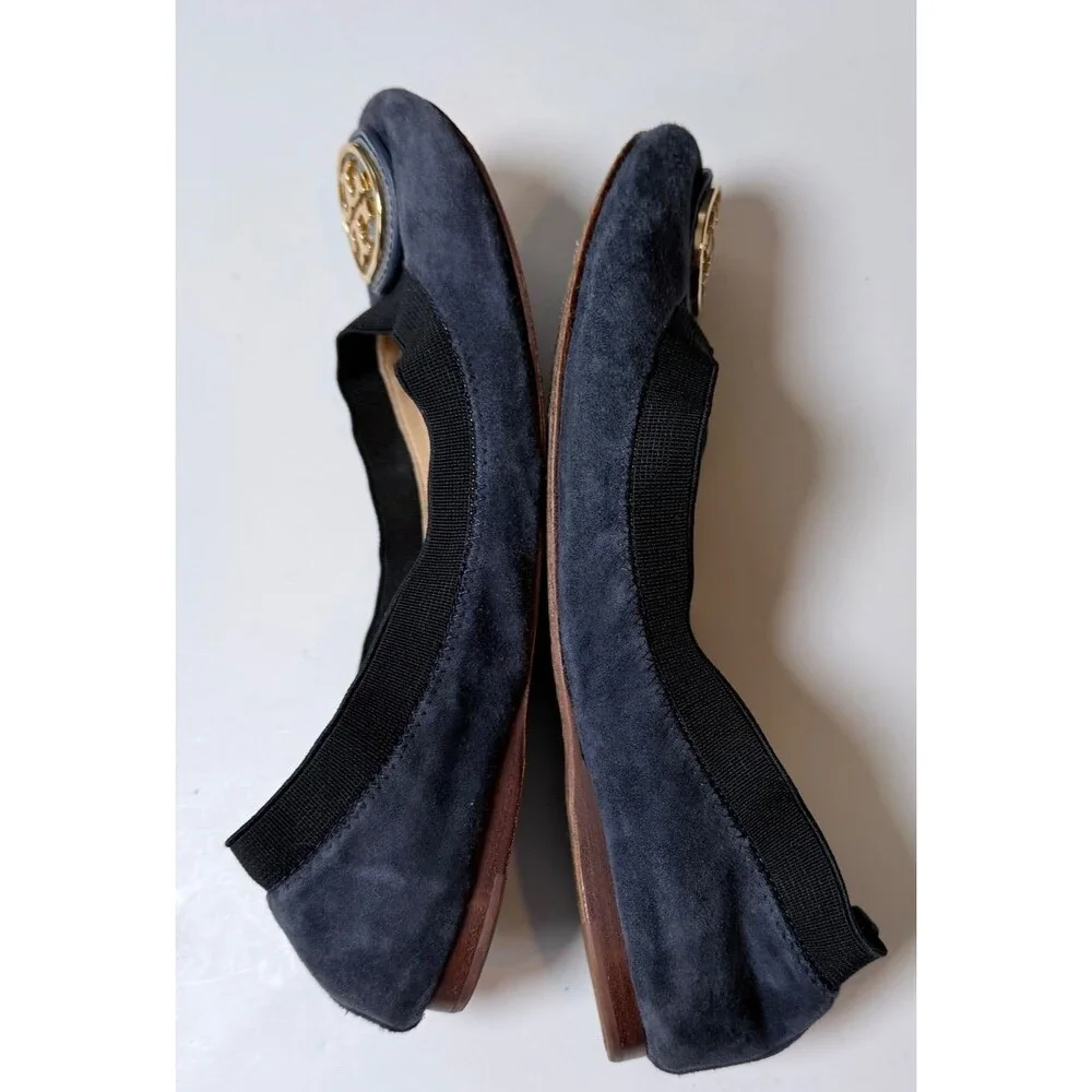 Tory Burch Caroline Ballet Flats Navy Blue Suede Gold Logo Leather Size 5.5